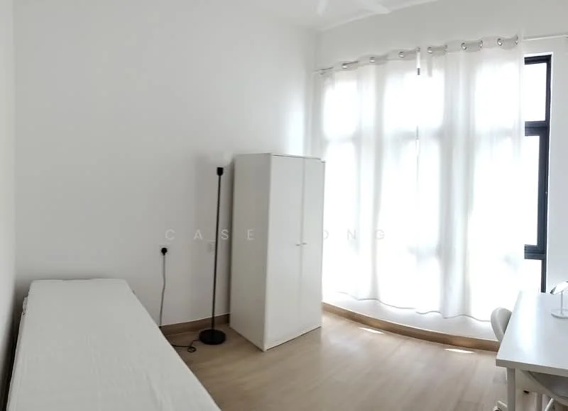 Room features: white painted walls, light wood flooring, floor-to-ceiling windows, sheer curtains, white wardrobe, black floor lamp, white desk, chair; style: modern.