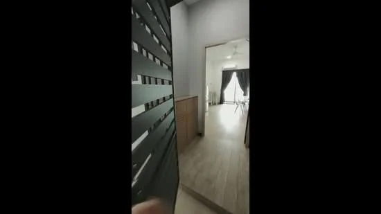 Room features: wooden flooring, white painted walls, ceiling fan, door with slatted design, large windows, curtains, open layout, light-colored interior; style: modern.