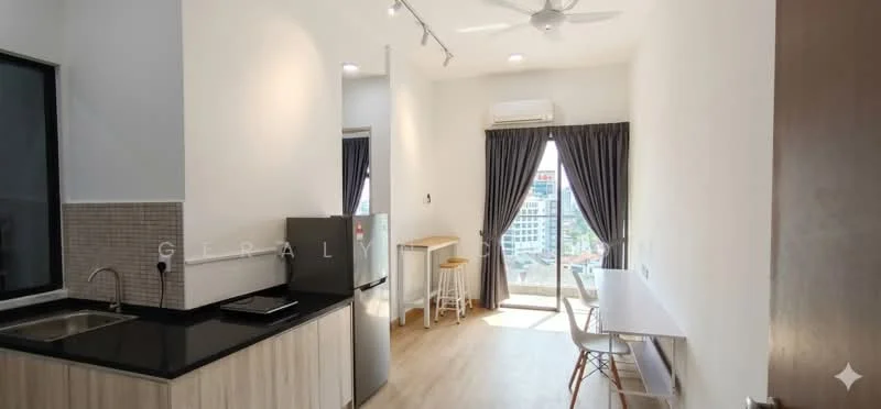 Living features: single-bowl stainless-steel sink, black granite countertop, stainless-steel fridge, white cabinetry, wooden flooring, 5-blade ceiling fan, floor-to-ceiling windows, grey curtains, dining table with chairs, bar stool, air conditioning unit; style: modern; view: city.