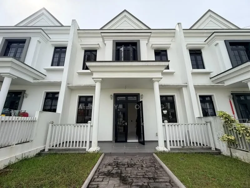 Exterior type: linked terrace house; features: white painted facade, gabled roof, front porch with columns, manicured lawn, stone-paved walkway, black framed windows, fenced front yard, two-storey structure; style: modern.