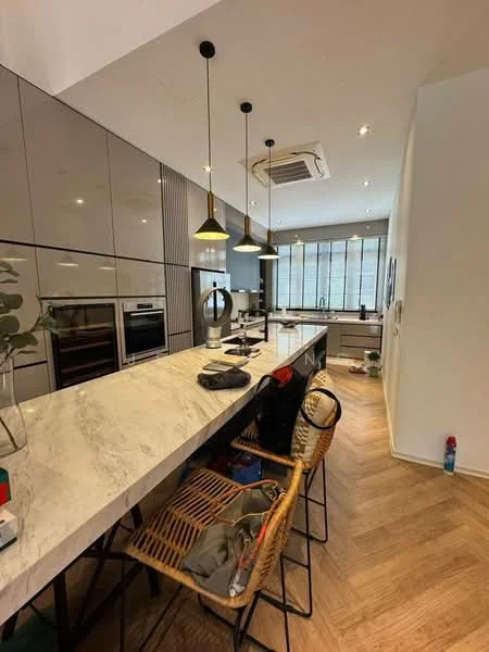 Kitchen features: marble countertop, stainless-steel sink, chrome pull-down faucet, built-in oven, freestanding range oven, microwave, flat-panel cabinetry in grey, pendant lighting, recessed downlights, wooden flooring, open shelving, island with seating, window with natural light, air conditioning unit; style: modern.