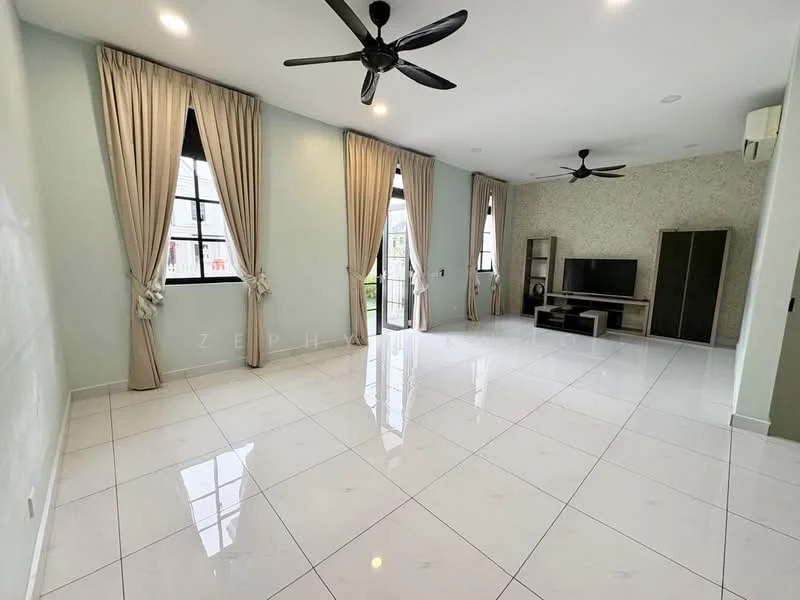 Living features: white painted walls, light grey accent wall, marble tile flooring, 2 ceiling fans, floor-to-ceiling windows, blackout curtains, sliding glass door, TV console, wall-mounted TV, decorative wall panel, recessed downlights, area rug; style: modern; view: garden.