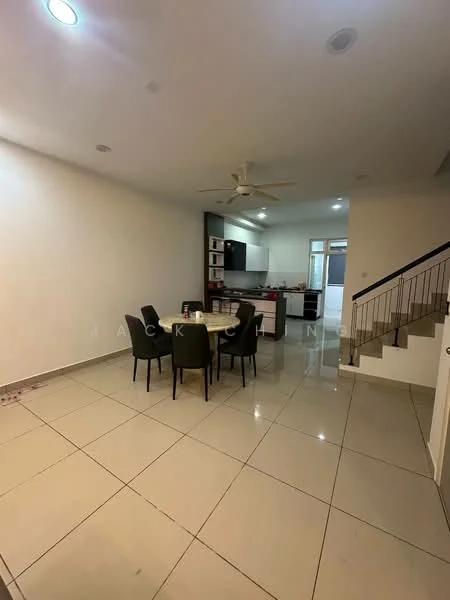Dining features: 6-seater dining table, black upholstered dining chairs, white walls, recessed downlights, ceramic tile flooring, ceiling fan, open layout to kitchen, staircase visible; style: modern. Kitchen features: white cabinetry, black countertops, built-in oven, stainless-steel sink, refrigerator, open layout to dining area; style: modern.