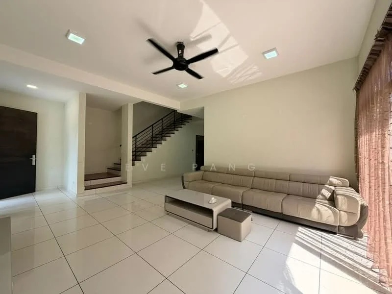 Living features: cream painted walls, white tiled flooring, 5-blade ceiling fan with light, large windows with sheer curtains, sectional fabric sofa in beige, coffee table, decorative wall, staircase in background; style: modern.