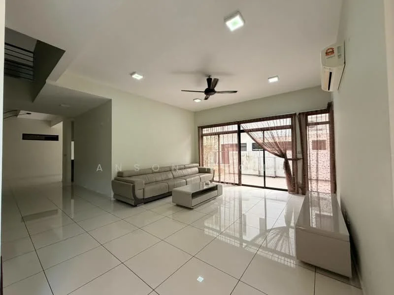 Living features: large floor-to-ceiling windows, sliding glass door, cream painted walls, white tiled flooring, 5-blade ceiling fan with light, wall-mounted split AC, light-colored sectional sofa, coffee table, TV console, decorative curtains; style: modern; view: garden.