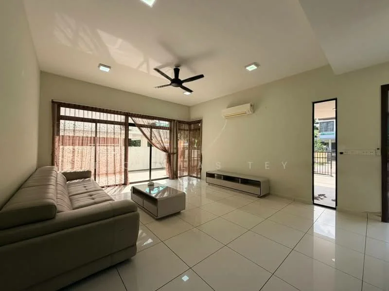 Living features: 3-seater fabric sofa in light grey, coffee table, TV console, wall-mounted TV, floor-to-ceiling windows, sliding glass door, sheer curtains, recessed LED downlights, 5-blade ceiling fan with light, wall-mounted split AC, glossy white tile flooring, cream painted walls; style: modern; view: garden.