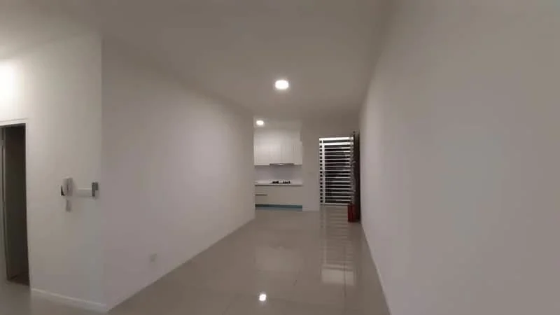 Room features: white painted walls, glossy tile flooring, recessed downlights, open kitchen layout, kitchen cabinetry, kitchen countertop, sliding door, doorway leading to another room; style: modern.