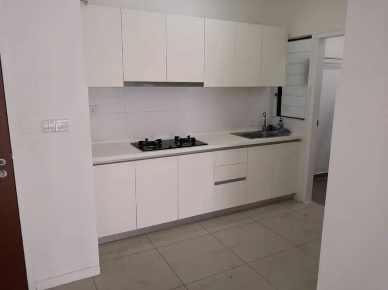 Kitchen features: white cabinetry, stainless-steel countertop, built-in gas hob with 2 burners, single-bowl stainless-steel sink, chrome pull-down faucet, white tiled backsplash, grey floor tiles, wall-mounted cabinets, open shelving, window for natural light; style: modern.