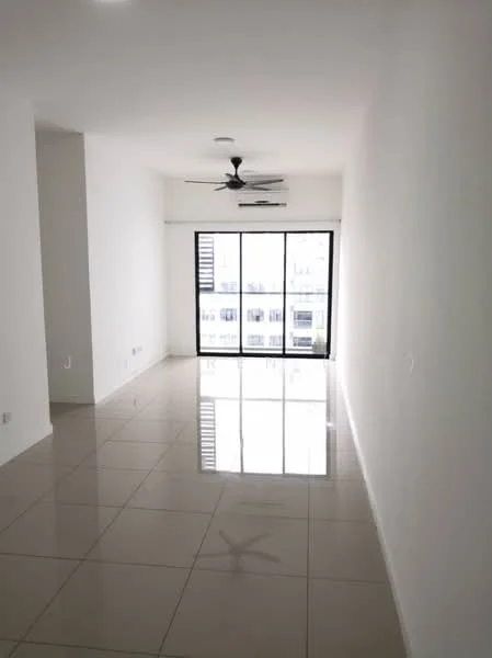 Living features: white painted walls, glossy tile flooring, 5-blade ceiling fan, floor-to-ceiling windows, sliding glass door, natural light, open layout, reflected light on floor; style: modern; view: city.