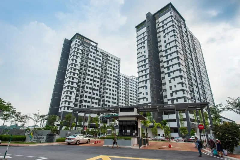 Exterior type: high-rise condominium; features: glass curtain wall, white painted facade, black accent panels, recessed balconies, landscaped entrance, guard house at entrance, manicured lawn, palm trees, parking lot, multiple storeys, modern architectural design; style: modern.