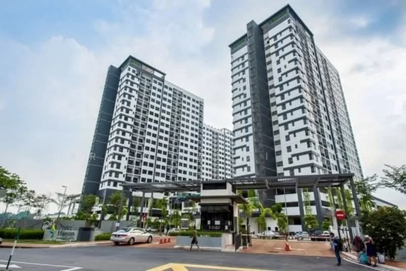 Exterior type: high-rise condominium; features: glass curtain wall, white painted facade, black accent panels, recessed balconies, landscaped entrance, manicured lawn, paved driveway, multiple storeys, security guard house at entrance, surrounded by greenery; style: modern.