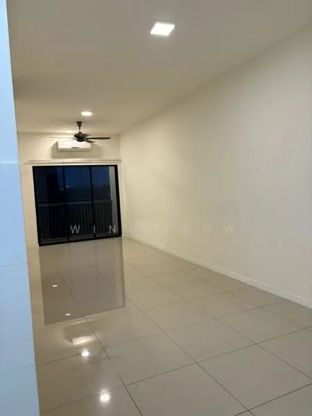 Living features: white painted walls, glossy ceramic tile flooring, 5-blade ceiling fan with light, floor-to-ceiling sliding glass door, balcony view, recessed downlights; style: modern.