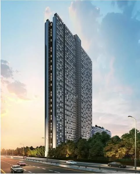 Exterior type: high-rise condominium; features: glass curtain wall, exposed concrete facade, recessed balconies, approximately 30-storey high-rise, surrounded by mature greenery, fronts a main road, modern architectural design; style: modern.