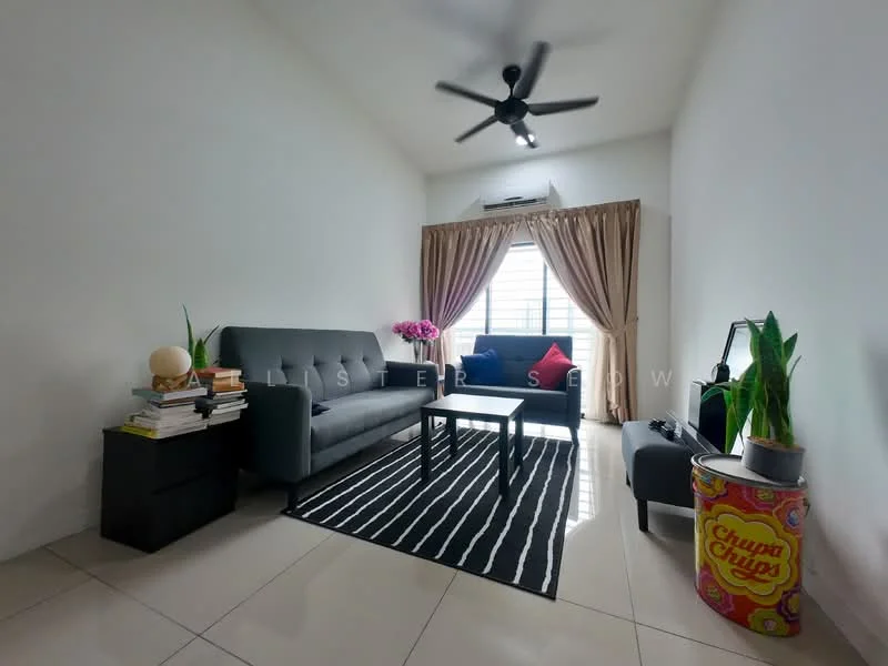 Living features: 3-seater fabric sofa in grey, coffee table, area rug with striped pattern, floor-to-ceiling window, sheer curtains, ceiling fan, decorative plants in pots, stack of books on side table, side table with lamp, wall-mounted air conditioning unit; style: modern.
