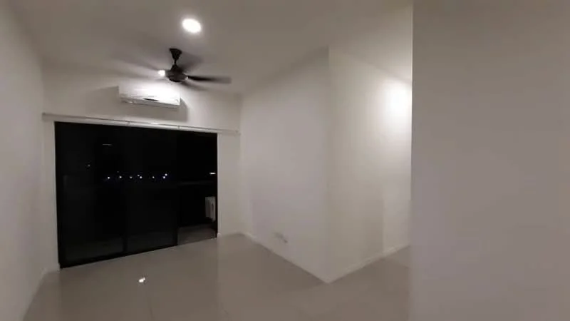 Room features: white painted walls, glossy tile flooring, 5-blade ceiling fan, wall-mounted split AC, floor-to-ceiling sliding glass door, blackout curtains, balcony view, recessed lighting; style: modern; view: city.