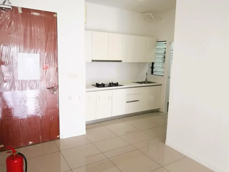 Kitchen features: white flat-panel cabinets, stainless-steel sink, chrome pull-down faucet, 4-burner gas hob, white countertop, tile backsplash, ceramic tile flooring, window with horizontal slats, fire extinguisher, red door, wall-mounted cabinet, open layout; style: modern.