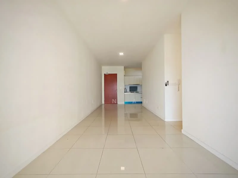 Room features: white painted walls, glossy tile flooring, recessed ceiling lights, open layout, kitchen area visible in the background, single red door, neutral color scheme, no visible furniture; style: modern.