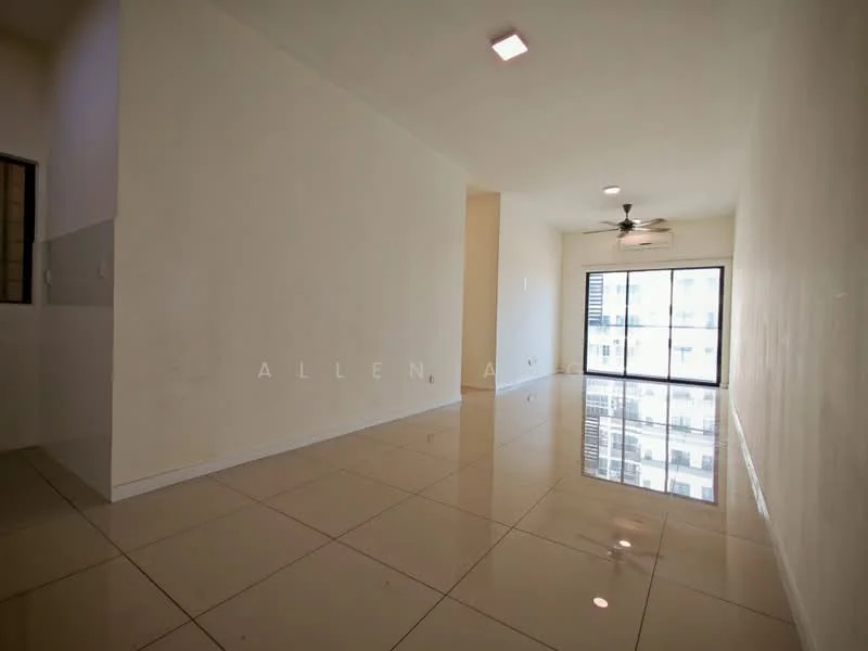 Living features: white painted walls, glossy tile flooring, 5-blade ceiling fan with light, floor-to-ceiling windows, sliding glass door, natural light from windows, neutral color palette, open layout; style: modern.
