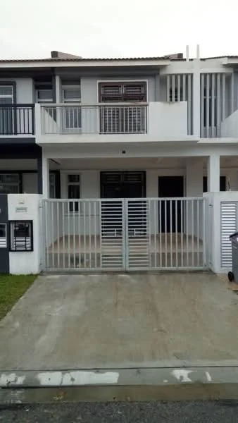 Exterior type: linked terrace house; features: white painted facade, metal gate, concrete driveway, front porch area, two-storey structure, balcony on upper floor, sliding windows, manicured lawn, grey interlocking pavers, front entrance with steps; style: modern.