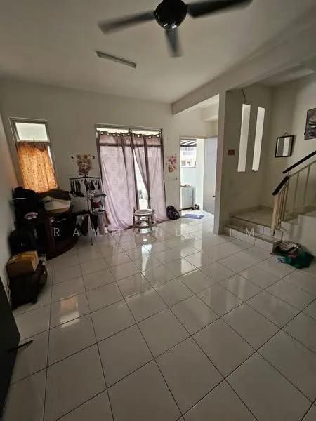 Living features: white painted walls, glossy white tile flooring, 5-blade ceiling fan, large window with sheer curtains, sliding glass door, decorative mirror, staircase, open layout, natural light; style: modern.