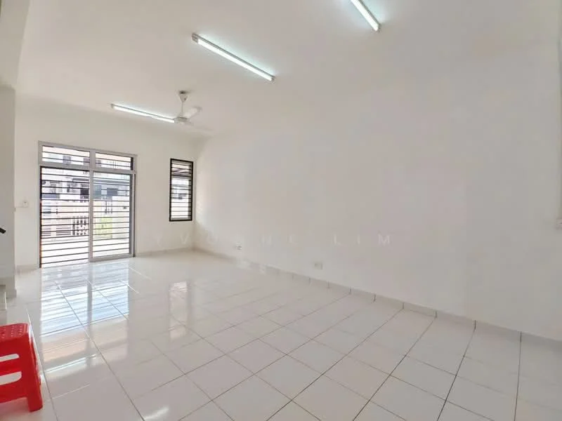 Living features: white painted walls, glossy white tile flooring, ceiling fan, large windows with black frames, natural light, open layout, no visible furniture, sliding glass door leading outside; style: modern.