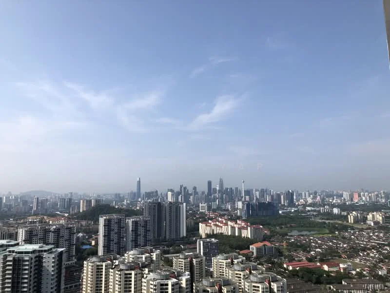 Exterior type: high-rise condominium; features: city skyline view, surrounded by urban landscape, multiple high-rise buildings, greenery in the foreground, clear blue sky, distant mountains, varied architectural styles, open view, high vantage point; style: modern.