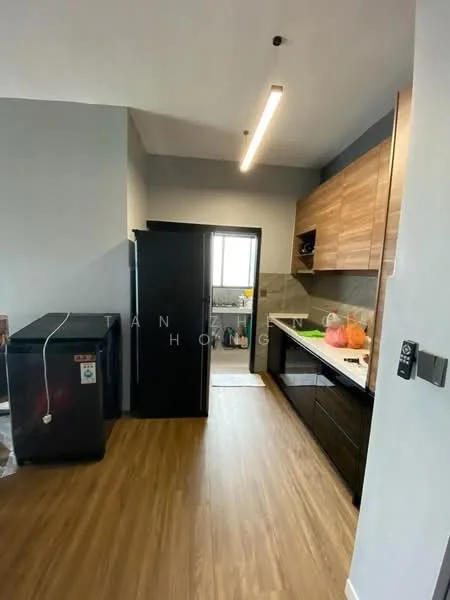 Kitchen features: black refrigerator, wood cabinetry, black countertop, stainless-steel sink, chrome pull-down faucet, built-in oven, ceramic tile backsplash, vinyl plank flooring, window with natural light, open layout to adjacent room; style: modern.