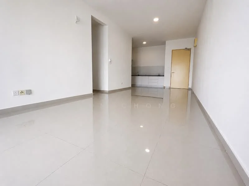 Room features: white painted walls, glossy ceramic tile flooring, recessed downlights, kitchen area with countertop, door leading to another room, open space layout; style: modern.