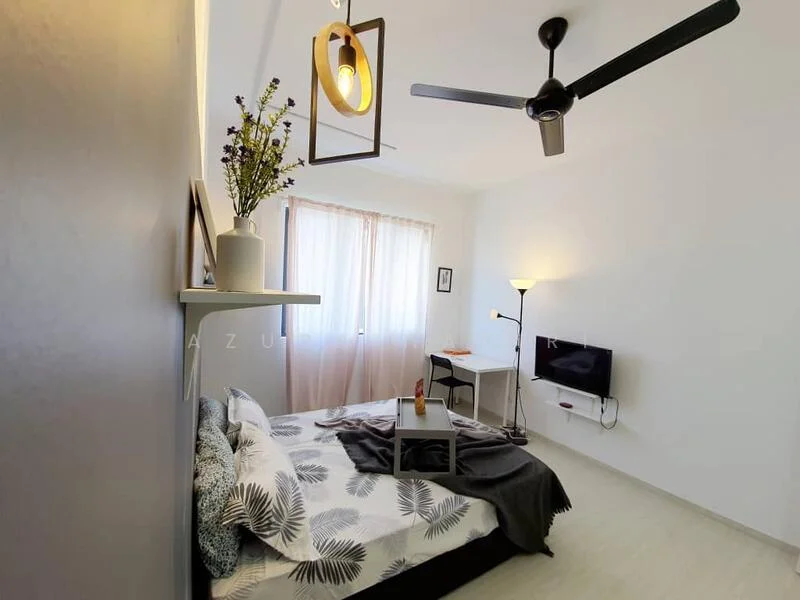 Bedroom features: queen-size bed with patterned bedding, wall-mounted TV, study desk with chair, floor lamp, ceiling fan with light, large window with sheer curtains, decorative wall shelf with plants, light-colored wooden flooring, neutral painted walls; style: modern.