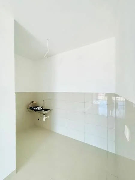 Laundry features: white painted walls, glossy white tile flooring, single-bowl stainless-steel sink, wall-mounted faucet, drainage pipe, electrical outlet, light fixture, no visible windows; style: minimalist.
