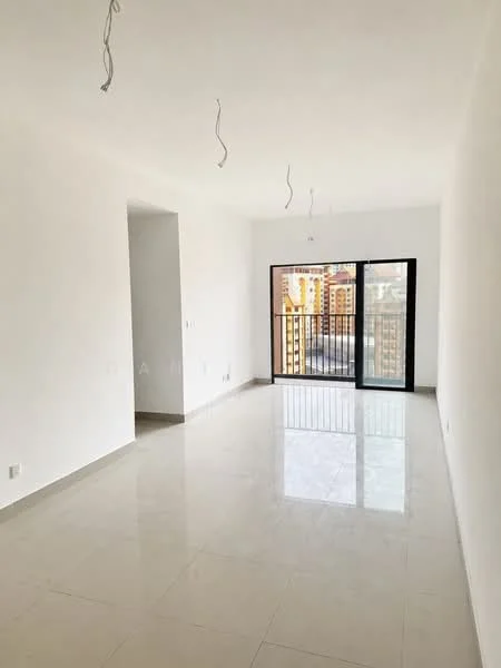 Living features: white painted walls, glossy ceramic tile flooring, floor-to-ceiling sliding glass door, black metal railing, natural light from large window, ceiling lights with exposed wiring, neutral color scheme, open layout; style: modern; view: city.