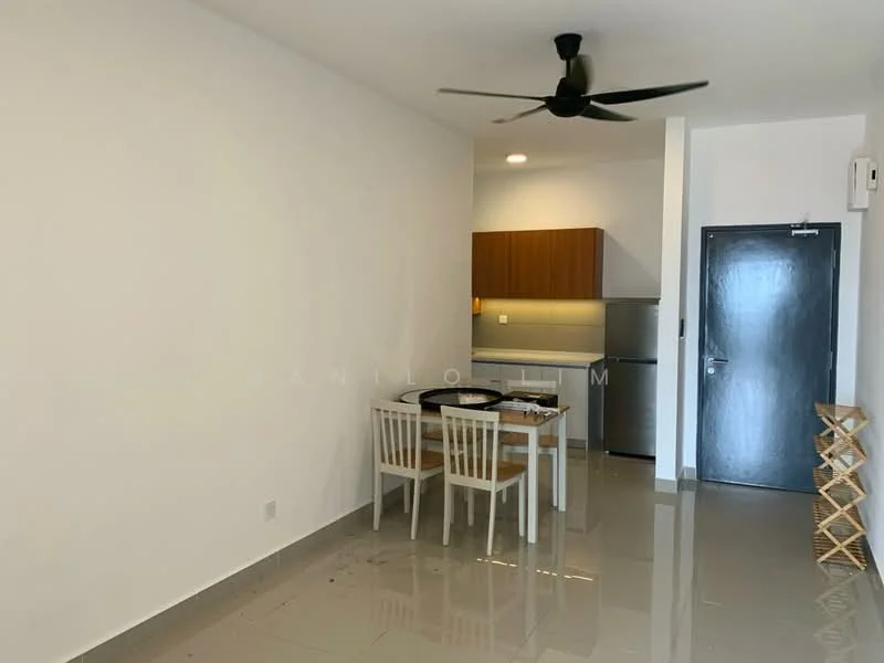 Dining features: white walls, grey tiled flooring, 5-blade ceiling fan, dining table with 4 white chairs, wooden cabinetry, stainless-steel fridge, under-cabinet lighting, open kitchen layout; style: modern.