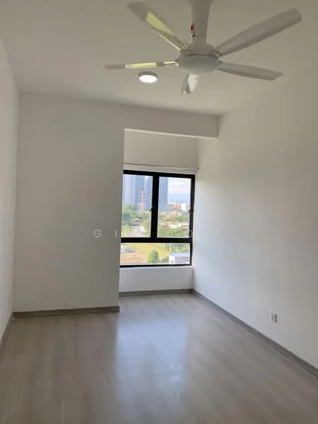 Room features: white painted walls, laminate flooring, 5-blade ceiling fan with light, floor-to-ceiling window, city view; style: modern; view: city.