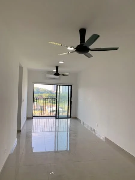 Living features: white painted walls, glossy ceramic tile flooring, 2 ceiling fans with black blades, floor-to-ceiling sliding glass door, balcony view, recessed downlights, air conditioning unit; style: modern; view: city.