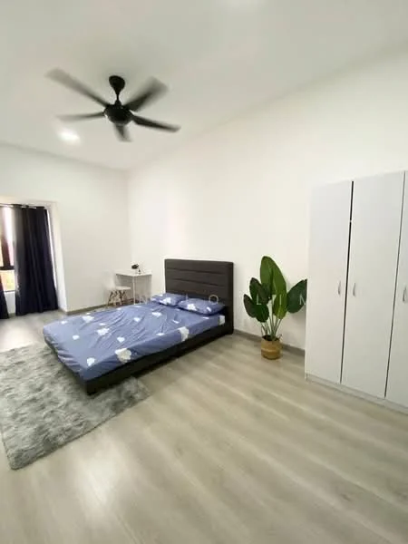 Bedroom features: king-size bed with grey upholstered headboard, blue bedding with white patterns, 5-blade ceiling fan, light wood flooring, white painted walls, large window with black curtains, white wardrobe with sliding doors, decorative potted plant, area rug with grey color; style: modern.