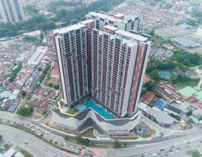 Exterior type: high-rise condominium; features: glass curtain wall, red brick facade, recessed balconies, infinity pool, pool deck with loungers, landscaped garden, children's playground, jogging track, multi-storey car park, surrounded by mature greenery, fronts a main road; style: modern.