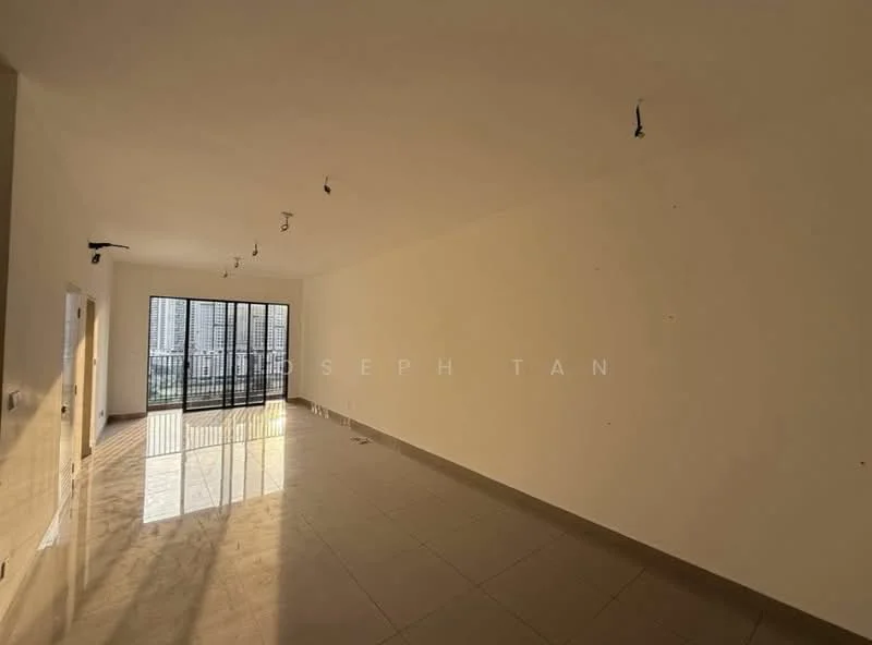 Room features: white painted walls, glossy ceramic tile flooring, large floor-to-ceiling windows, natural light from windows, no visible furniture or decor, minimalist design, smooth ceiling, suspended ceiling lights; style: modern; view: city.