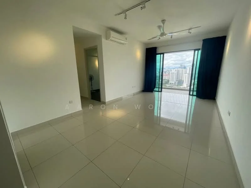 Living features: white painted walls, glossy ceramic tile flooring, 5-blade ceiling fan with light, recessed downlights, floor-to-ceiling windows, sliding glass door, blackout curtains, air conditioning unit, city view; style: modern; view: city.