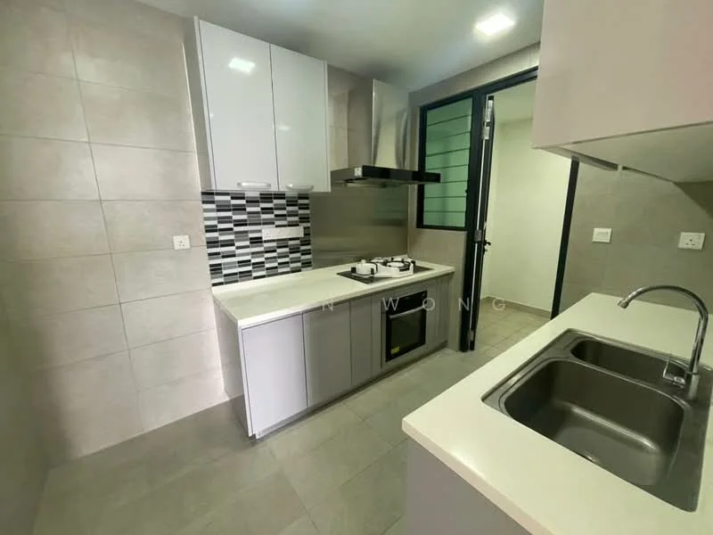 Kitchen features: white glossy upper cabinets, grey lower cabinets, black and white mosaic tile backsplash, stainless-steel sink, chrome pull-down faucet, built-in gas hob, stainless-steel range hood, white countertop, grey tiled flooring, wall-mounted oven, open layout, window for natural light; style: modern.