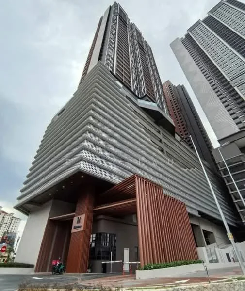 Exterior type: high-rise condominium; features: glass curtain wall, exposed concrete facade, wooden cladding at entrance, recessed balconies, feature lighting at night, approximately 30-storey high-rise, modern architectural design; style: modern.