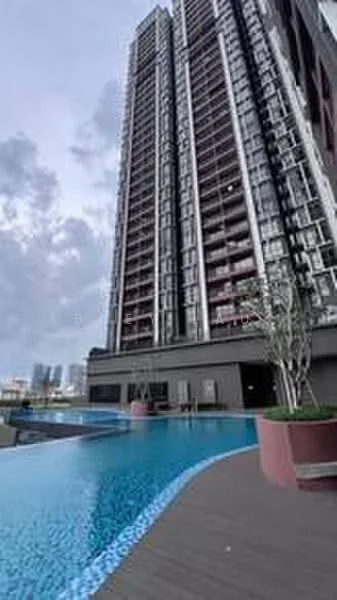 Exterior type: high-rise condominium; features: infinity pool, pool deck, landscaped garden, glass curtain wall facade, balconies on upper floors, surrounded by city skyline, modern architectural design; style: modern.