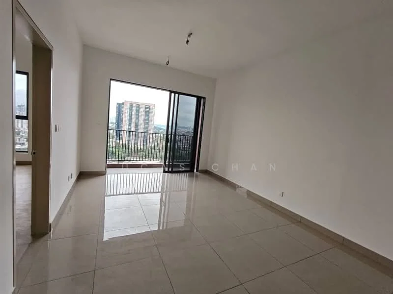 Living features: white painted walls, polished ceramic tile flooring, floor-to-ceiling windows, sliding glass door, balcony access, city view, recessed downlights, neutral color scheme; style: modern; view: city.