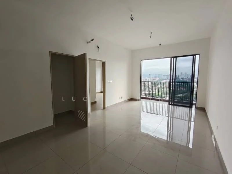 Room features: white painted walls, glossy ceramic tile flooring, floor-to-ceiling windows, sliding glass door, city view, recessed downlights, 2-door wooden closet, open layout; style: modern; view: city.