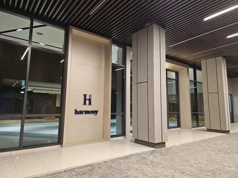 Exterior features: glass facade, grey stone cladding, polished tile flooring, recessed lighting, horizontal wooden ceiling, large windows, signage with the word 'harmony', paved walkway; style: modern.