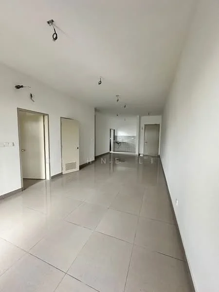 Room features: white painted walls, grey tile flooring, recessed downlights, 2 doors, open layout, large windows, neutral color scheme, minimalist design; style: modern.