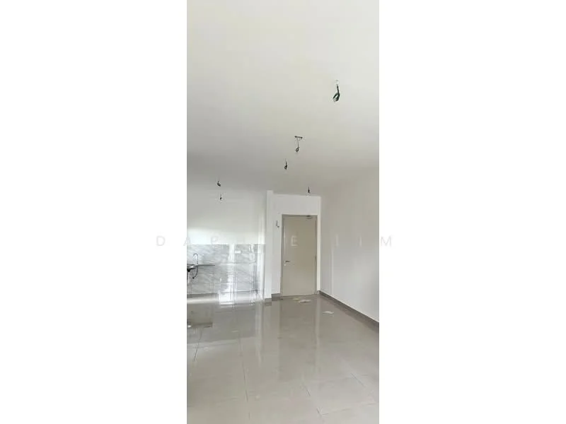 Room features: white painted walls, polished ceramic tile flooring, recessed downlights, door, multiple ceiling hooks.