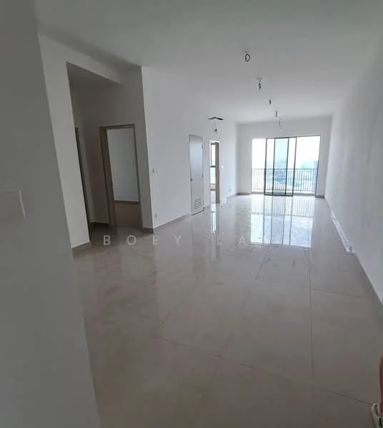 Living features: white painted walls, glossy tile flooring, recessed downlights, sliding glass door, floor-to-ceiling windows, balcony access, neutral color scheme, open layout; style: modern; view: city.