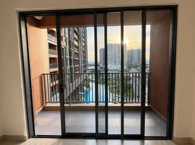 Room features: sliding glass door, black metal frame, balcony with railing, city skyline view, pool view, sunset lighting, ceramic tile flooring, exterior wall with orange paint; style: modern; view: city.