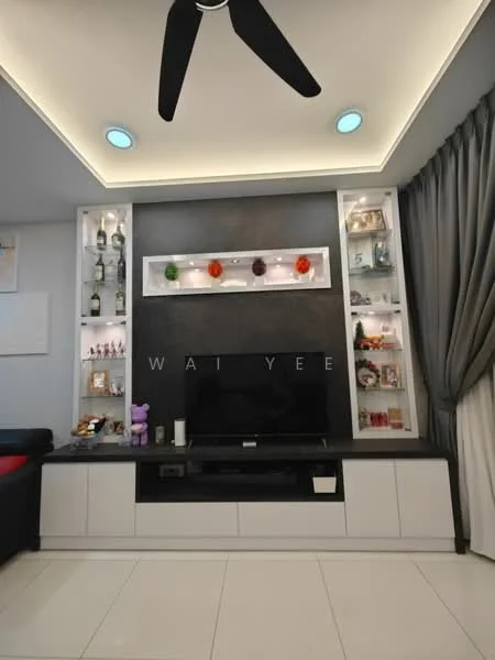 Living features: black feature wall with display shelves, white cabinetry with storage, built-in TV console, wall-mounted TV, decorative items on shelves, recessed LED lighting, ceiling with cove lighting, 5-blade ceiling fan, grey curtains, white tiled flooring; style: modern.