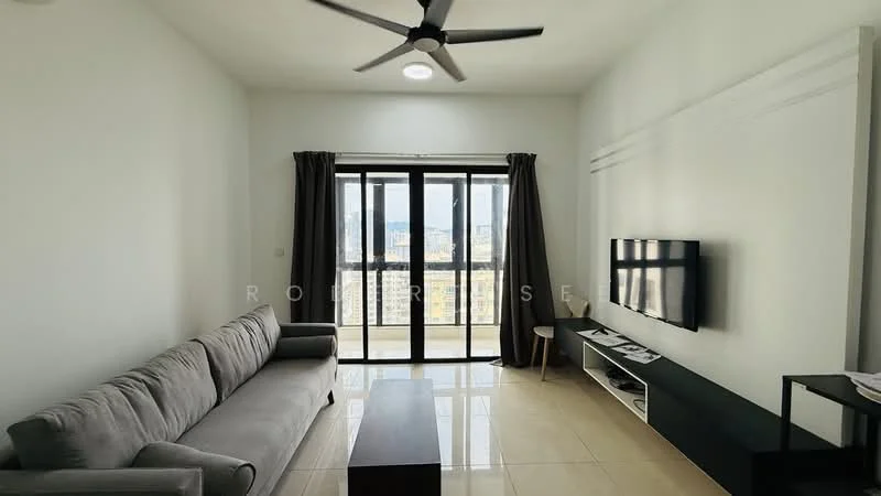 Living features: 3-seater fabric sofa in grey, coffee table, wall-mounted TV, TV console, floor-to-ceiling windows, blackout curtains, ceiling fan, recessed downlights, cream painted walls, glossy tile flooring; style: modern; view: city.